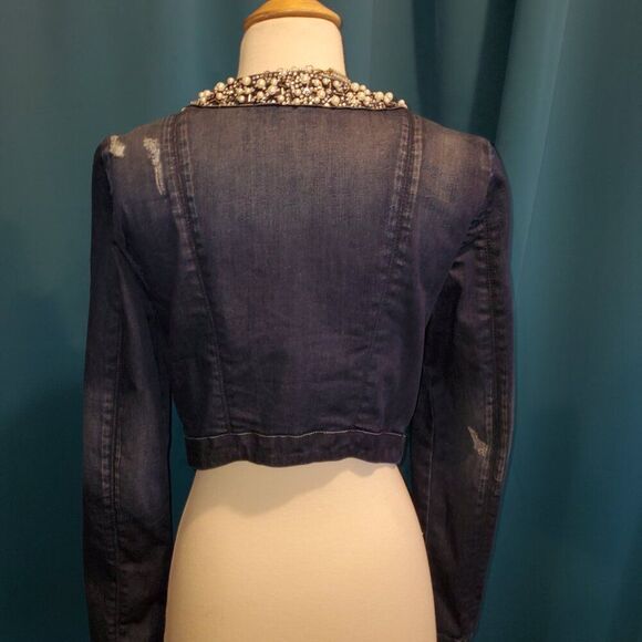Bebe Embellished Cropped Denim Jacket | Pearl & Jewel Details | Fitted | M - Picture 5 of 10